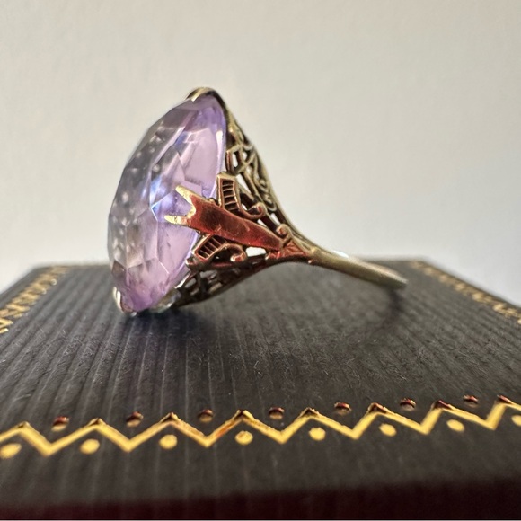 ♥️SOLD 14k yellow gold antique art deco ring filigree size 8 rose de France ame - Picture 2 of 7